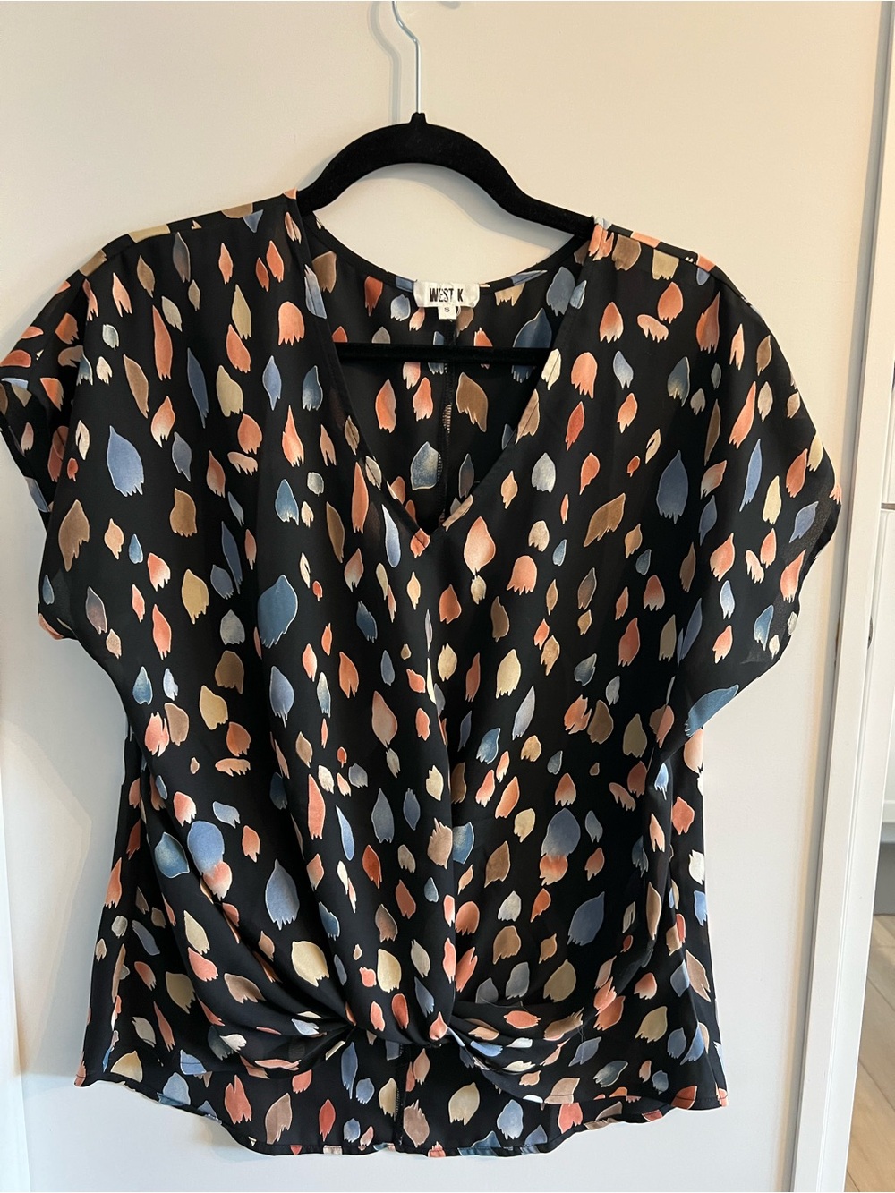 WEST K Black Dot-Print V-Neck Knotted Blouse